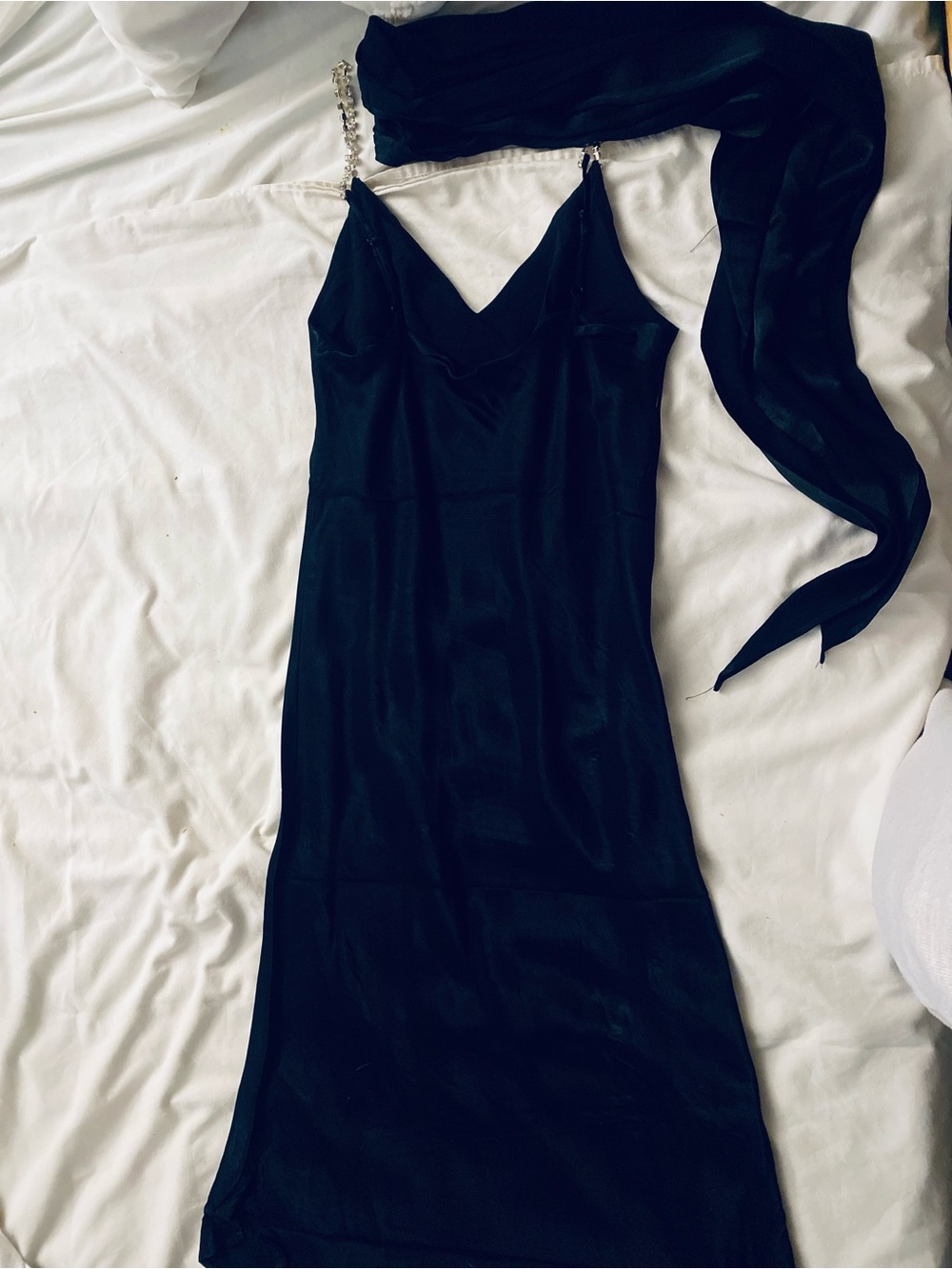 NWT Black Maxi Satin Dress with Jewel adjustable Straps and scarf